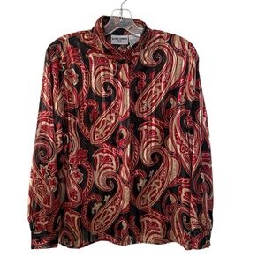 Vintage Alfred Dunner Red Paisley Print Button Up Blouse Elegant Size 12P